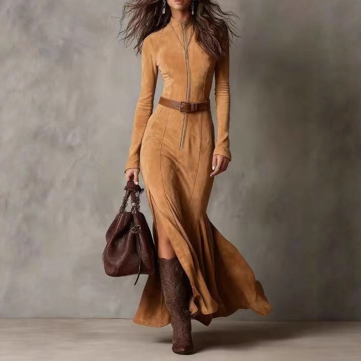 Double-Faced Cashmere Dress with Zip Stand Collar and Belt