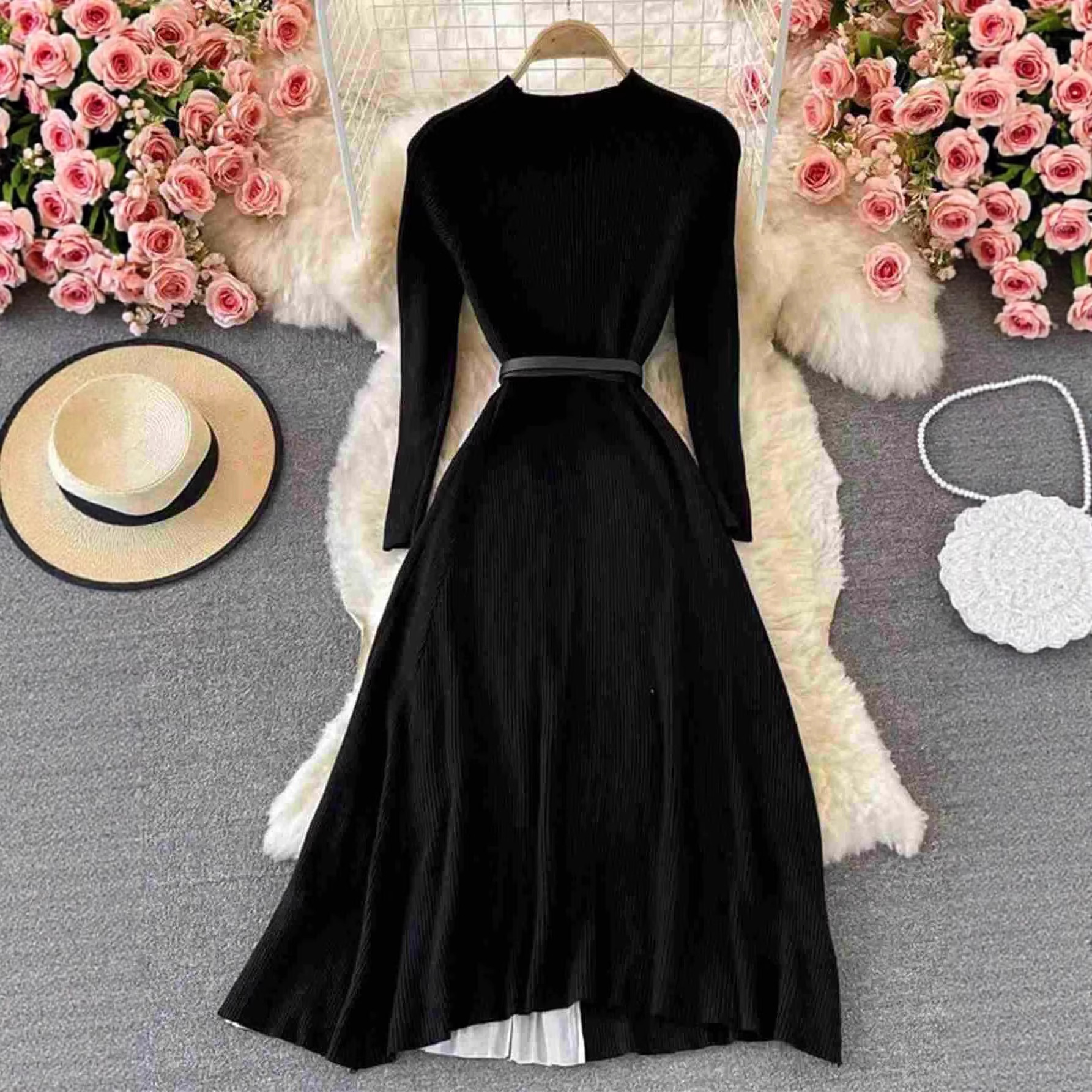 Elegant Gradient Belted Long Sleeve Dress with Stand Collar
