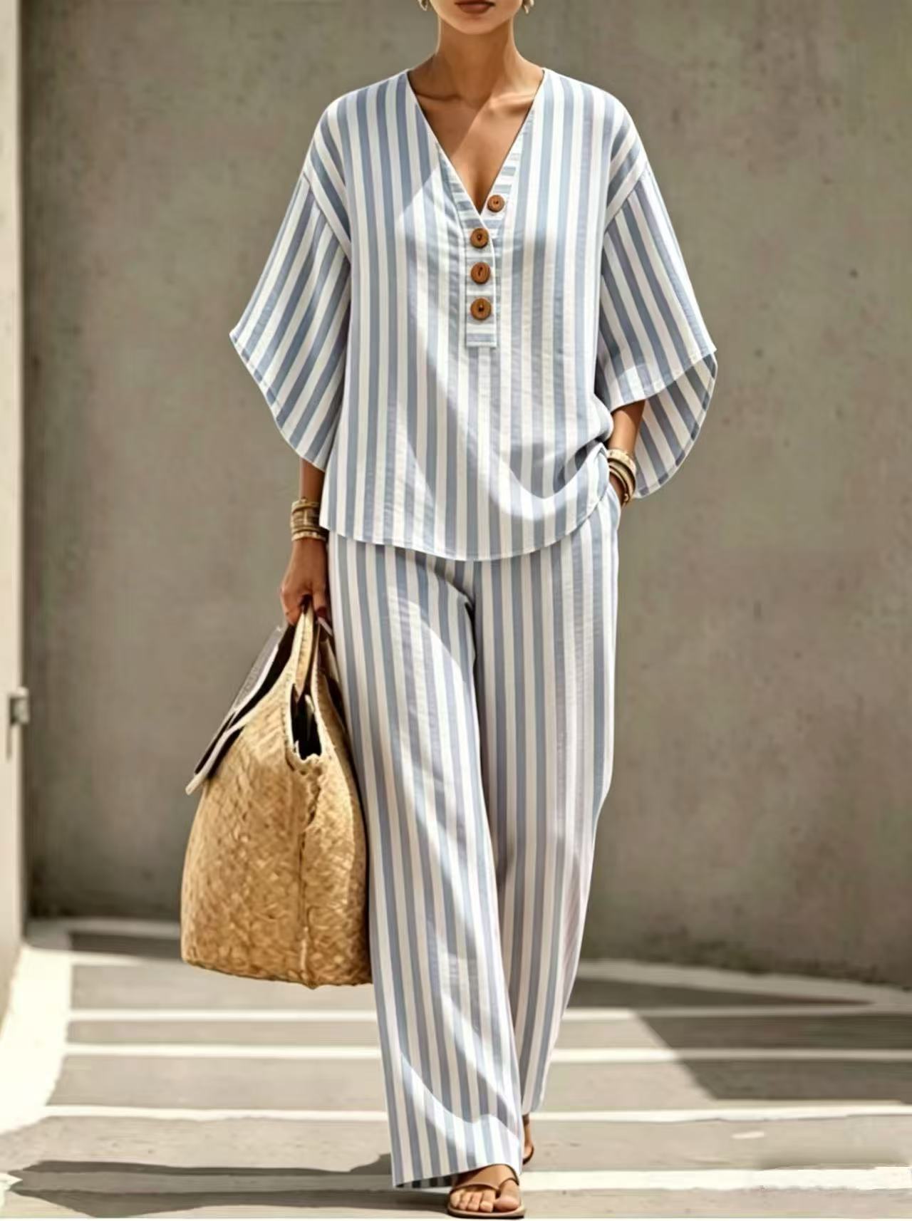 Women's Striped Print Three-Button Pant Set with Mid-Sleeve Top
