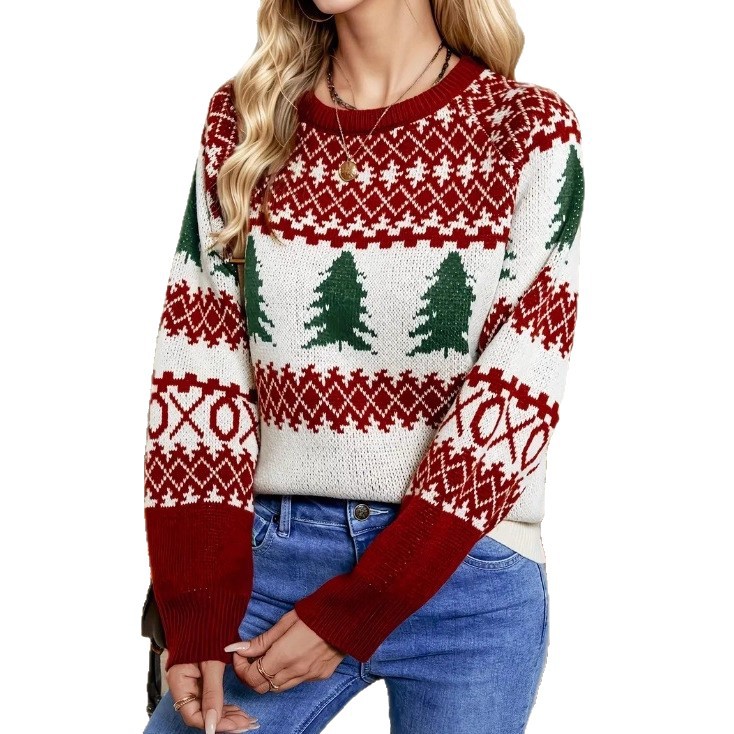 Women's Christmas Tree Diamond Pattern Crewneck Long Sleeve Knit Sweater