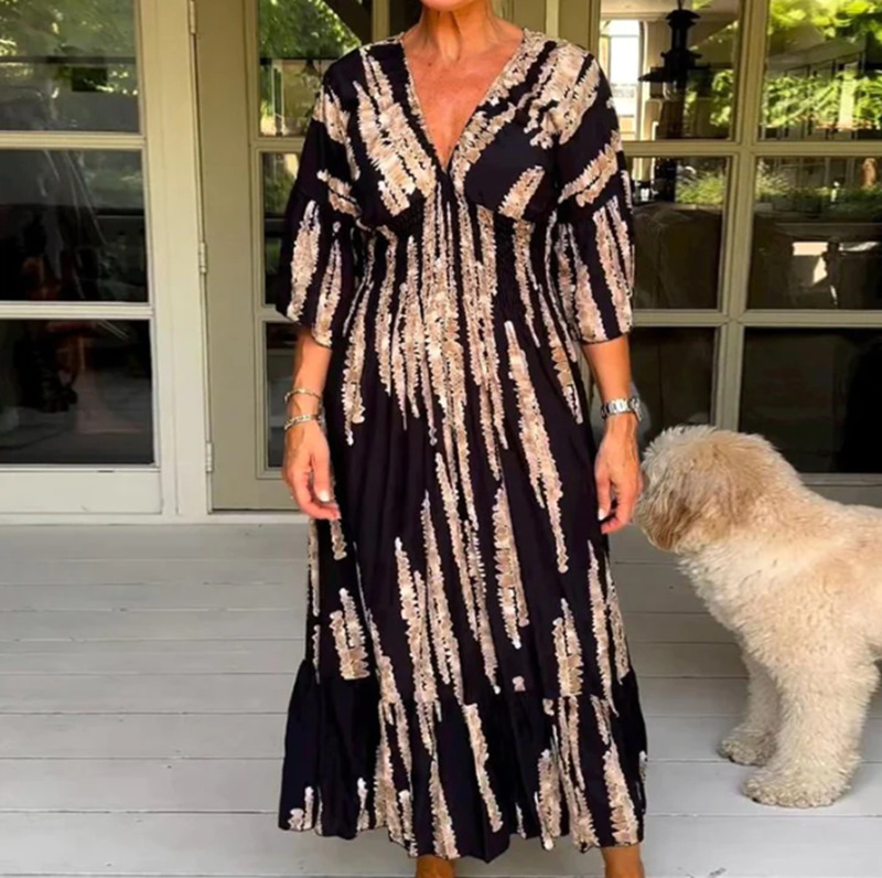 Women's Summer V-Neck Floral Print Bell Sleeve Maxi Dress