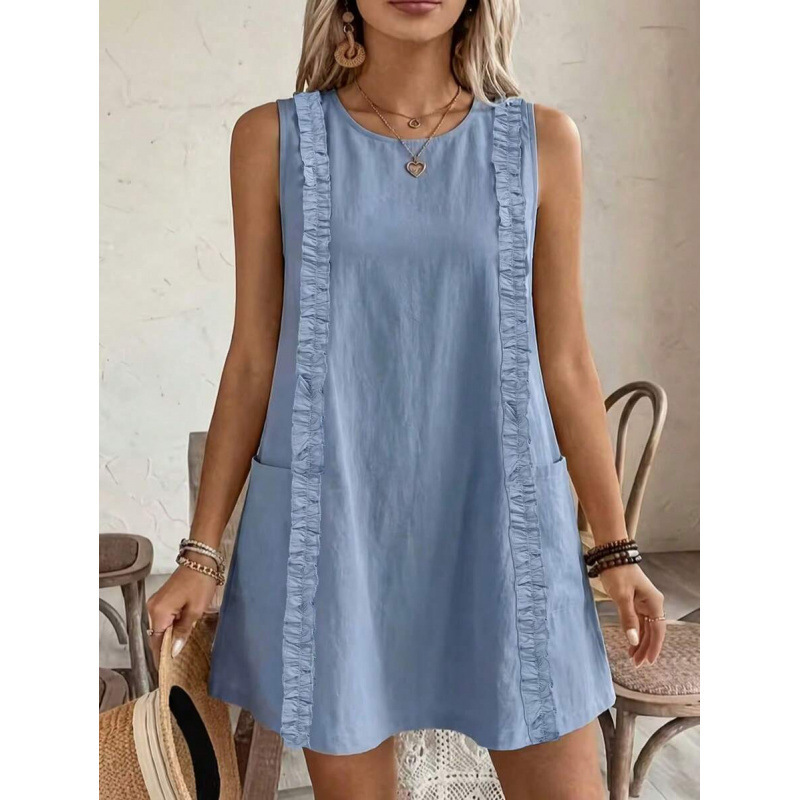 Women's Sleeveless Round Neck Ruffle Trim Midi Dress Solid Casual