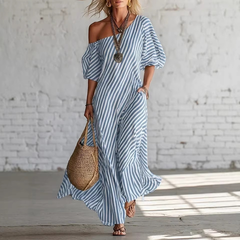 Elegant Striped Off-Shoulder Shirt Dress