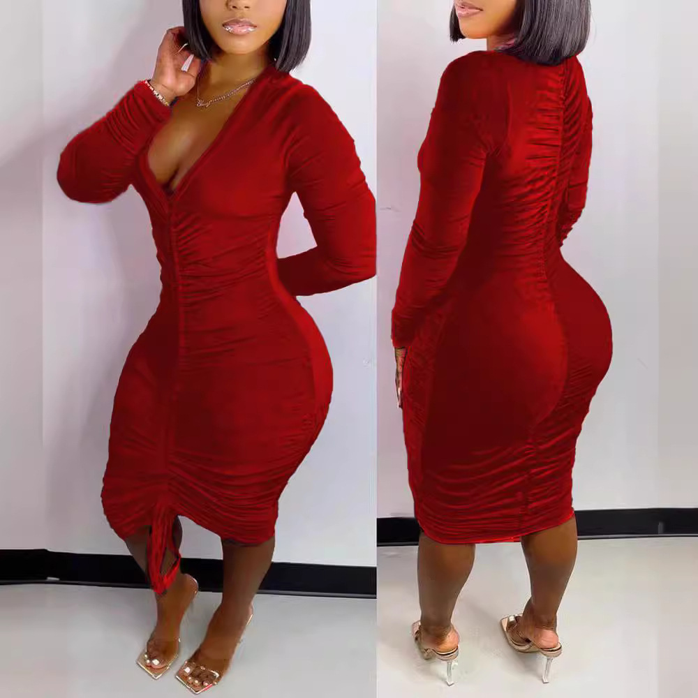 Women's Velvet Long Sleeve Ruched Bodycon Dress with Drawstring Round Neck