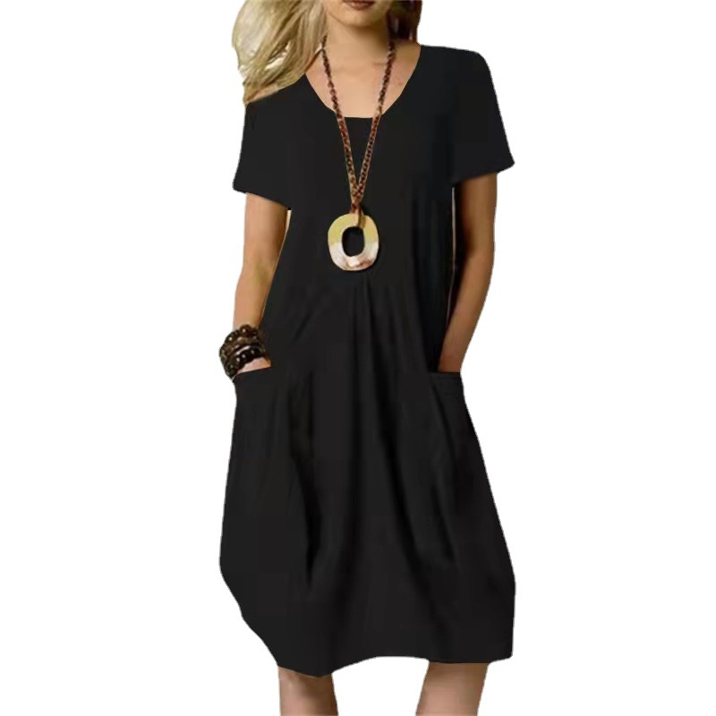 Cotton-Linen Blend Solid Color Loose Round Neck Short Sleeve Dress