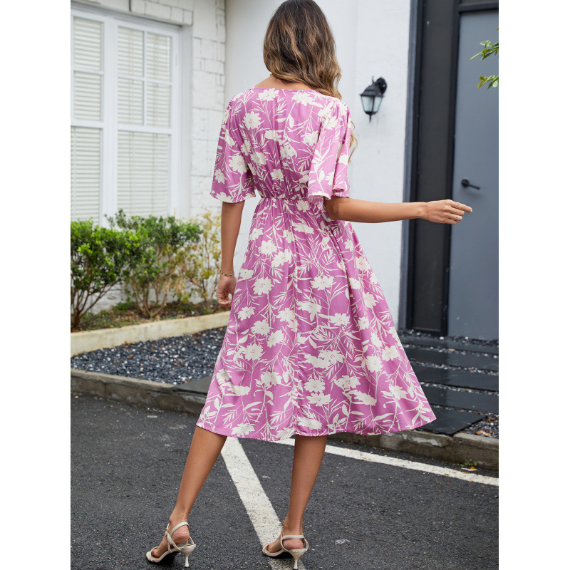 Boho Floral V-Neck Short Sleeve Cinched Waist Midi Dress