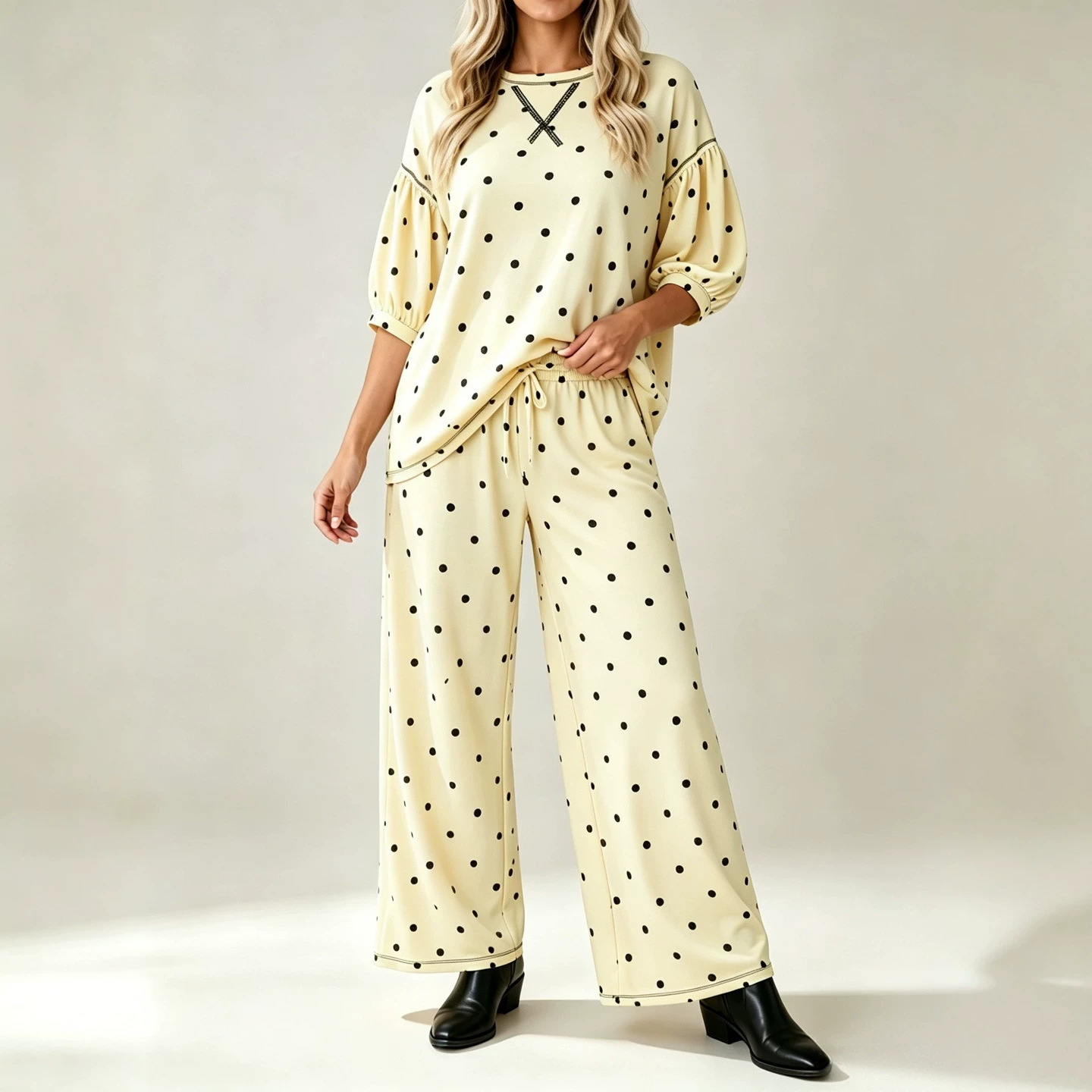 Women's Polka Dot Print Tie-Waist Wide-Leg Two-Piece Set
