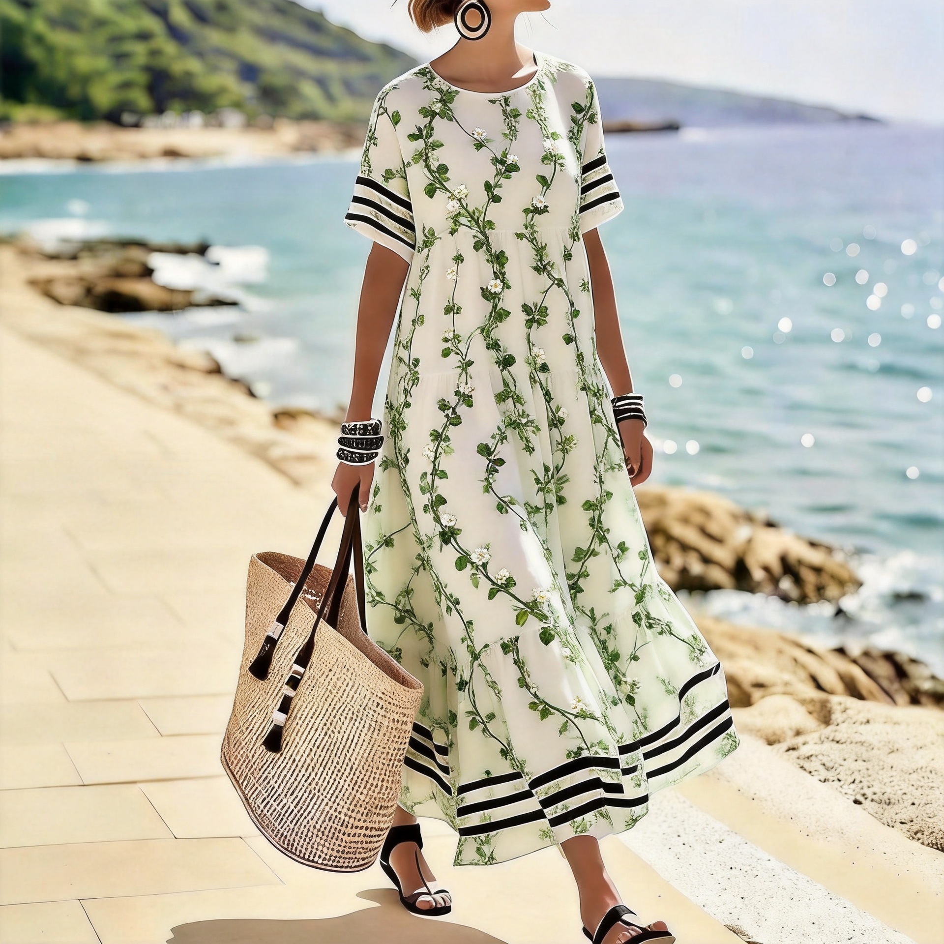 Women's Striped Round Neck Loose Long Dress Casual Vacation