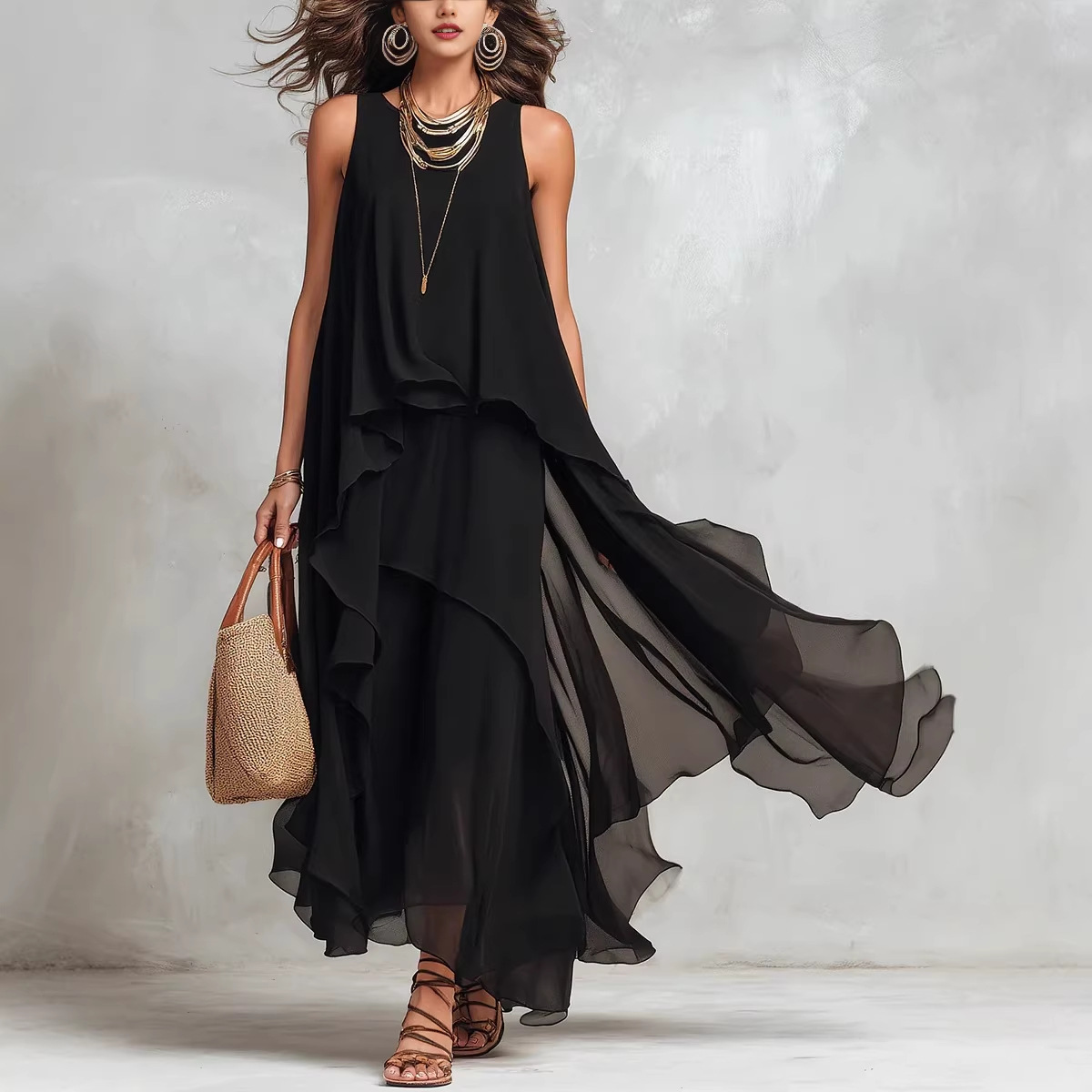 Black Sleeveless Asymmetrical Flowy Maxi Dress