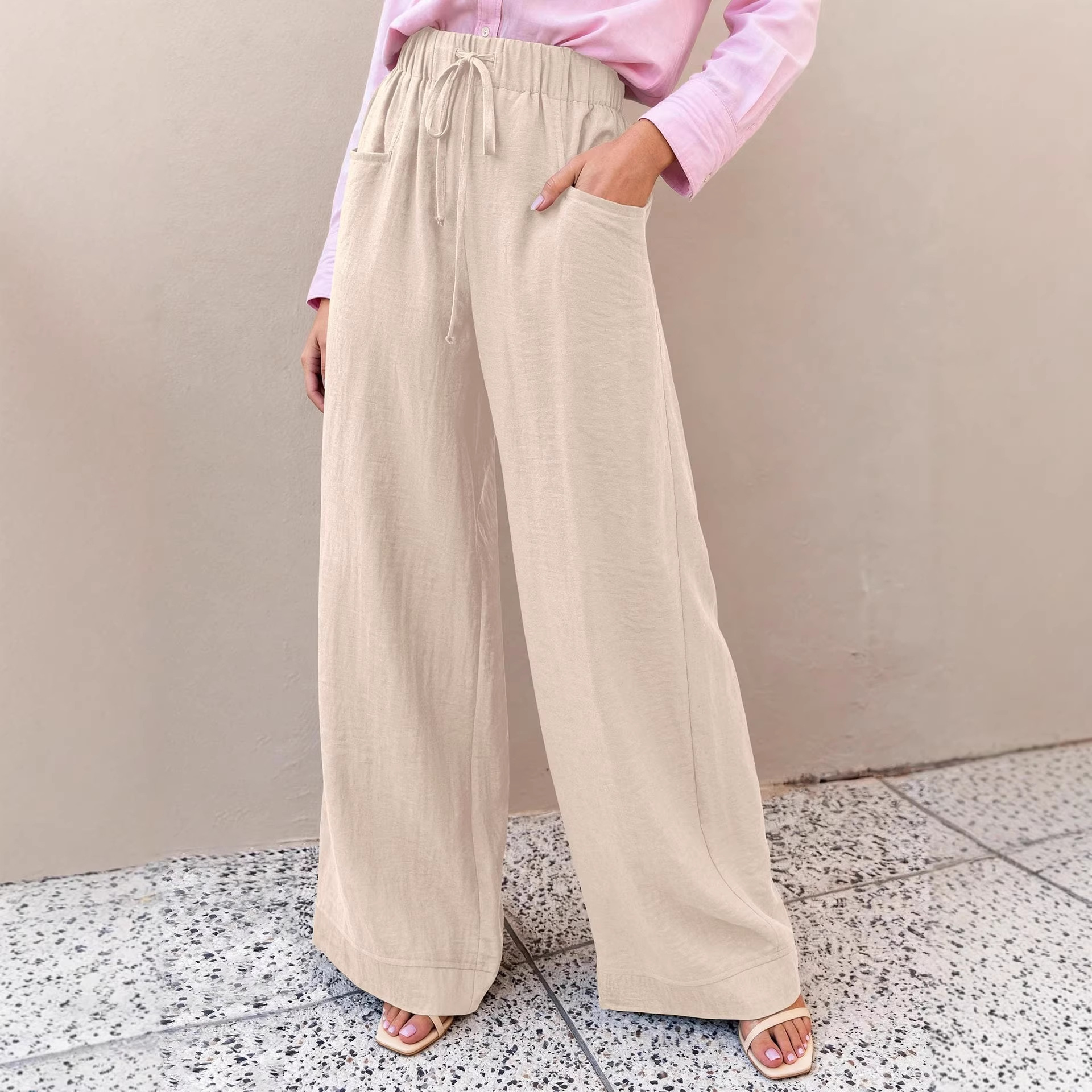 Women's High-Waist Wide-Leg Drawstring Pants Casual Solid Color