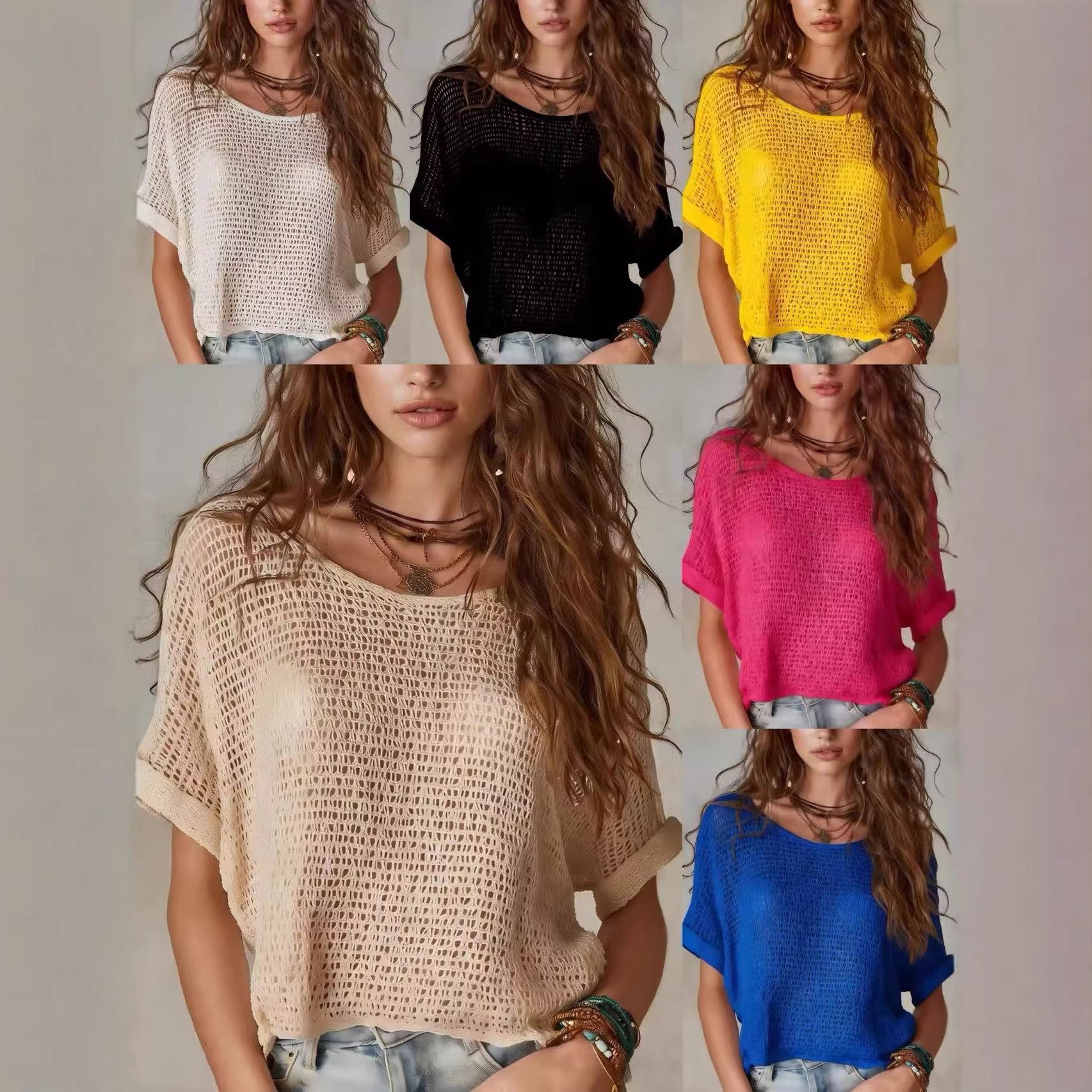 Women's Boho Crochet Knit Short Sleeve Sweater