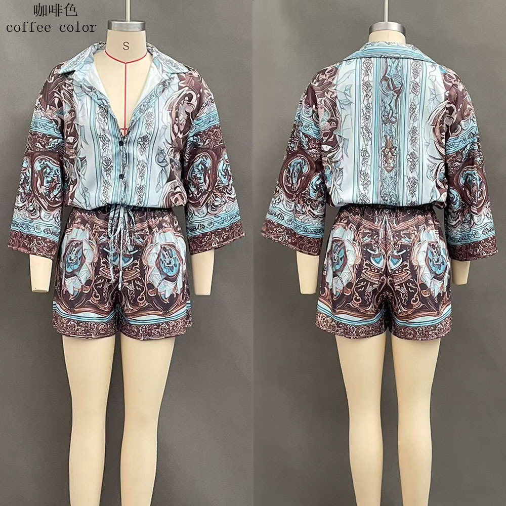 Women's Printed Long Sleeve Shorts Two-Piece Set Casual Polo Shirt Outfit