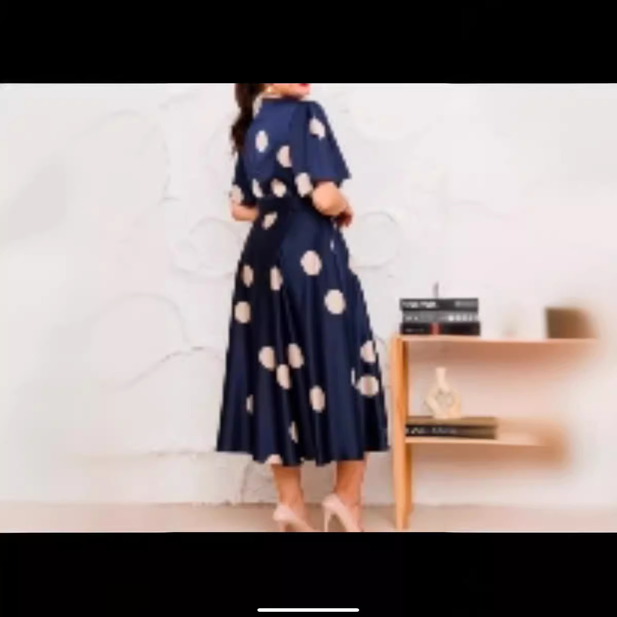 V-Neck Polka Dot A-Line Midi Dress with Short Sleeves