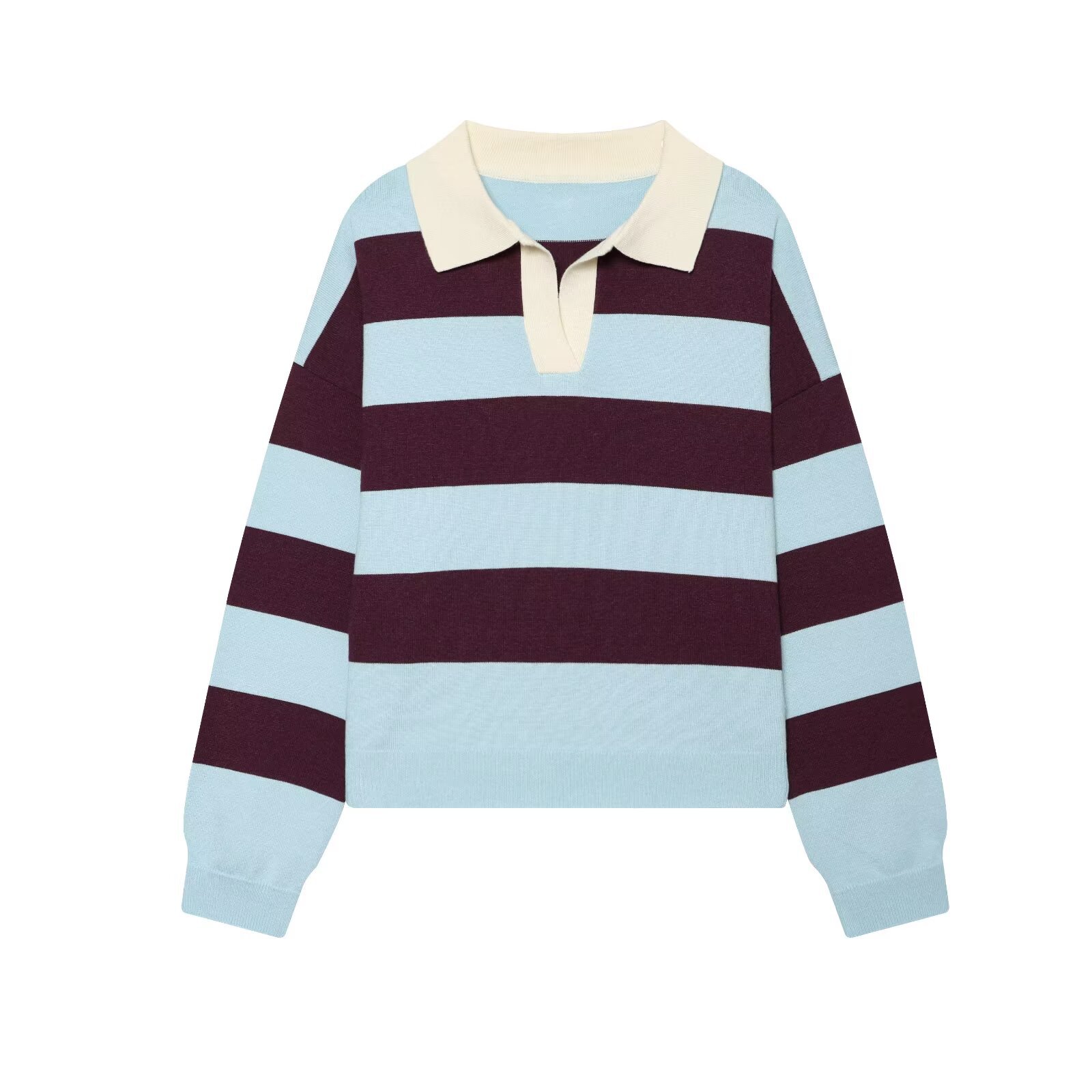 Women's Color-Block Striped Polo Neck Long Sleeve Knit Sweater