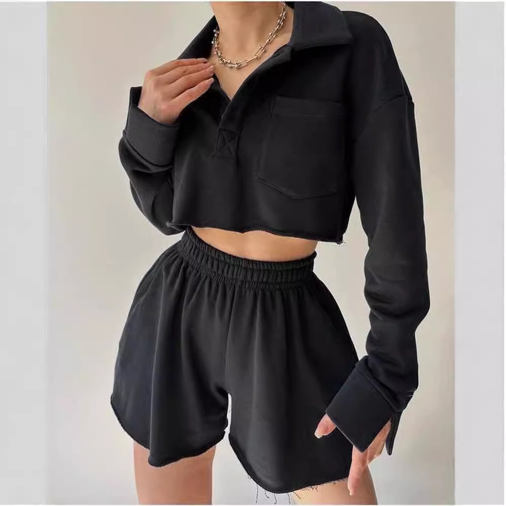 Solid Color Long Sleeve Open-Front Top and Drawstring Shorts Set