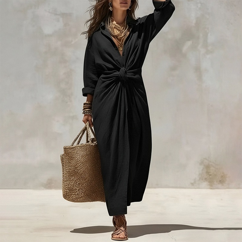 Women's Casual Solid Shirt-Collar Long Dress Single-Breasted Pleated Long-Sleeve