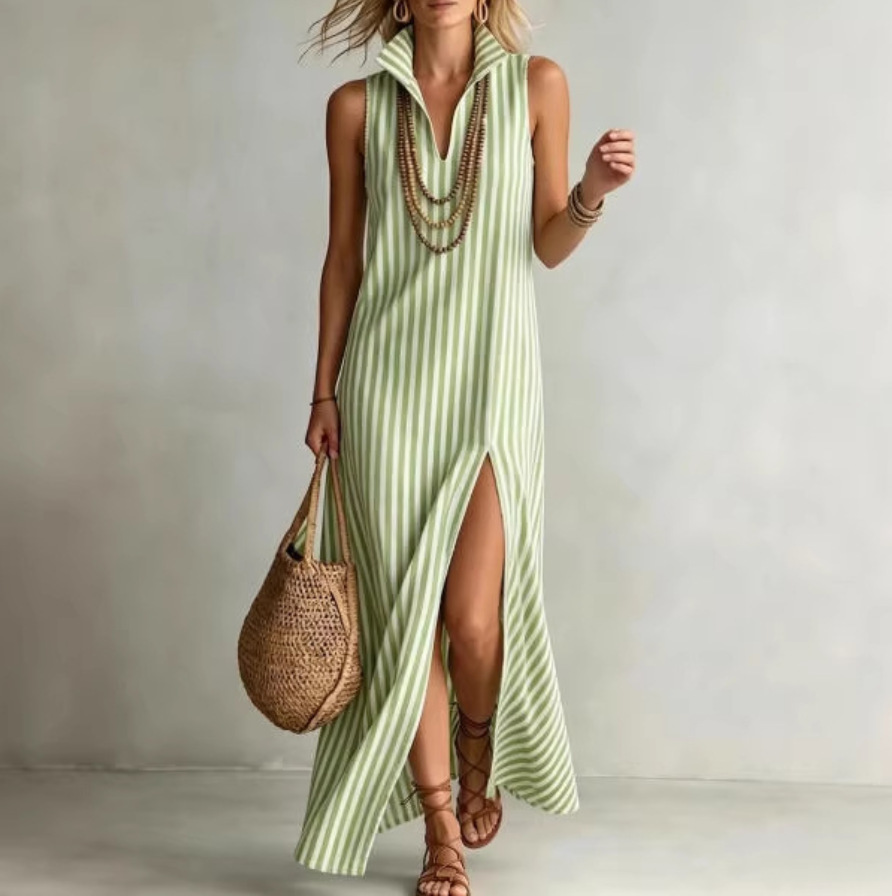 Striped Stand Collar Sleeveless Slit Cotton Linen Maxi Dress