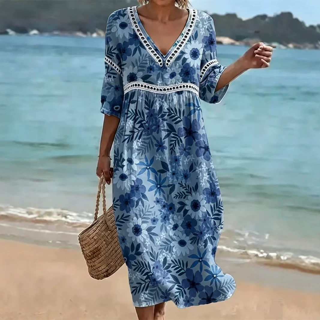 Women's Floral Print Pleated Midi Dress Deep V-Neck Five-Sleeve Slim Fit