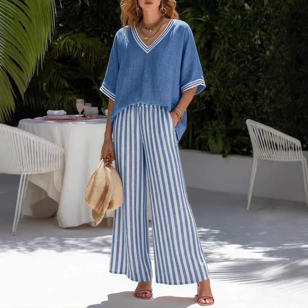 Women's Cotton-Linen Striped V-Neck Short-Sleeve Top & Wide-Leg Pants Set
