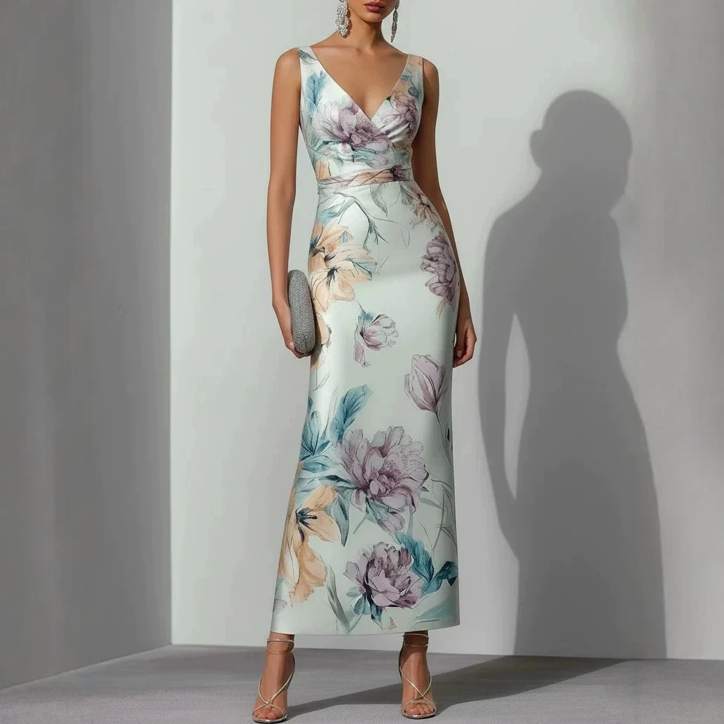 Slimming Floral Print V-Neck Midi Dress