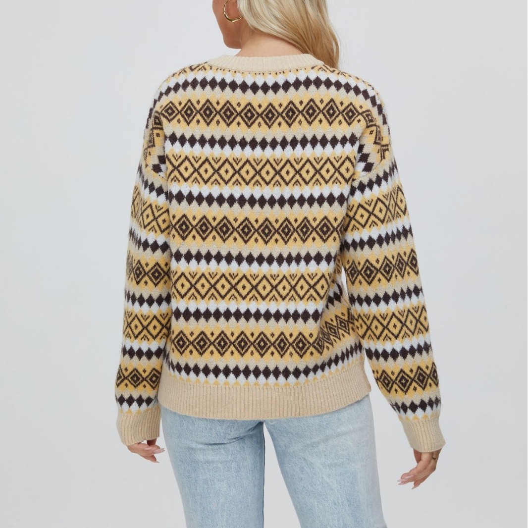 Retro Diamond Argyle Knit Jacquard Plaid Sweater Women's Long Sleeve Pullover