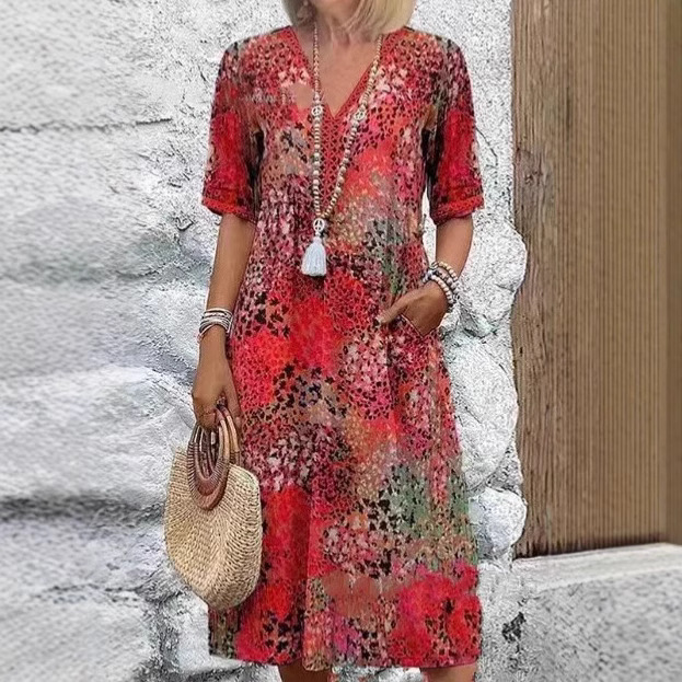 Women's Printed V-Neck Midi Dress with Pockets Casual Vacation Home Wear
