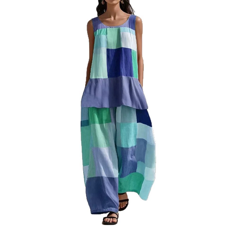 Boho Colorblock Print Sleeveless Shirt & Pants Set