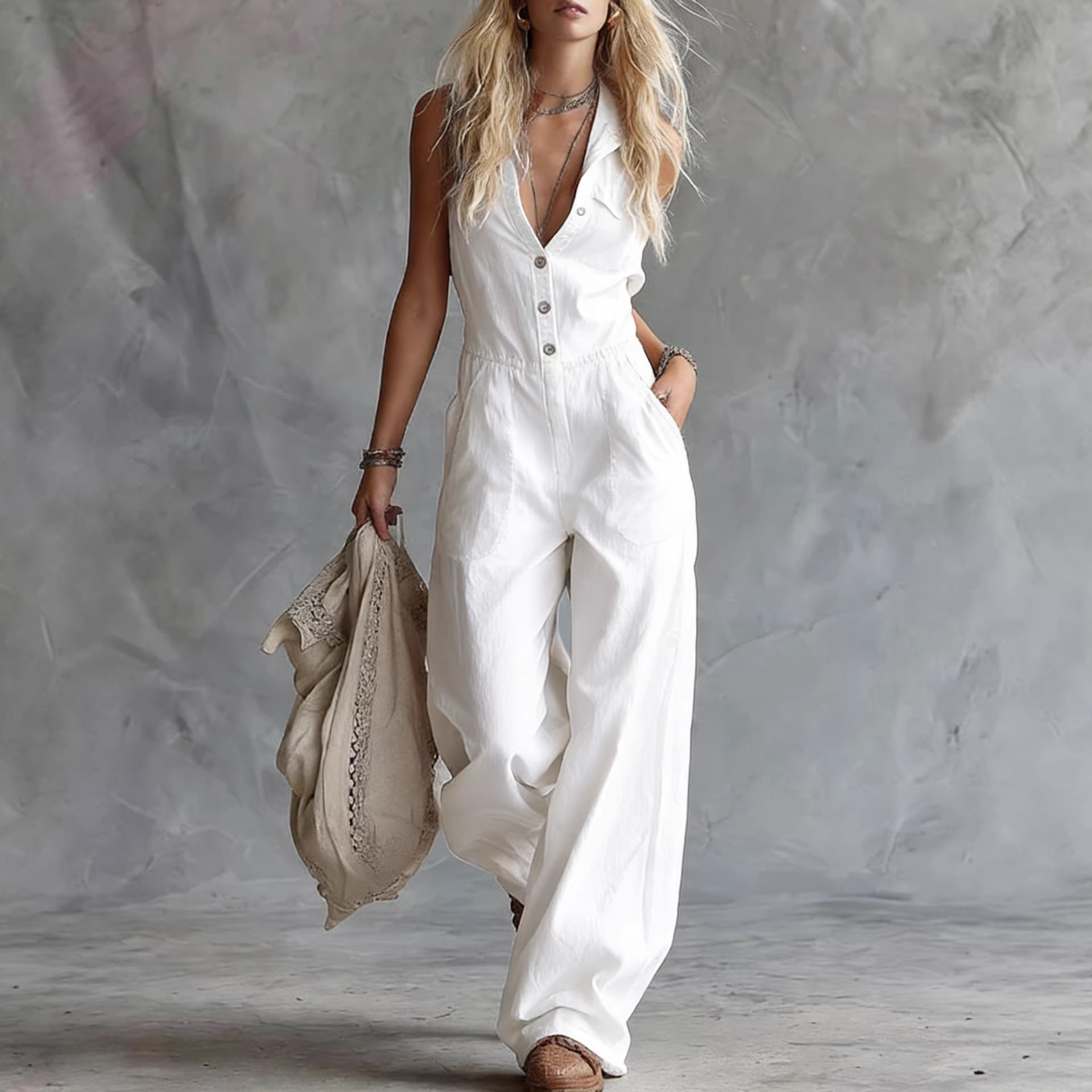 V-Neck Button-Front Sleeveless Linen-Blend Wide-Leg Jumpsuit
