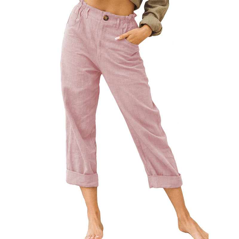 Women's Cotton-Linen High-Waist Straight-Leg Casual Pants