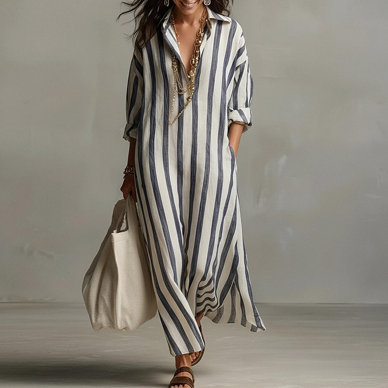 Striped V-Neck Long Dress Casual Commute Loose Fit