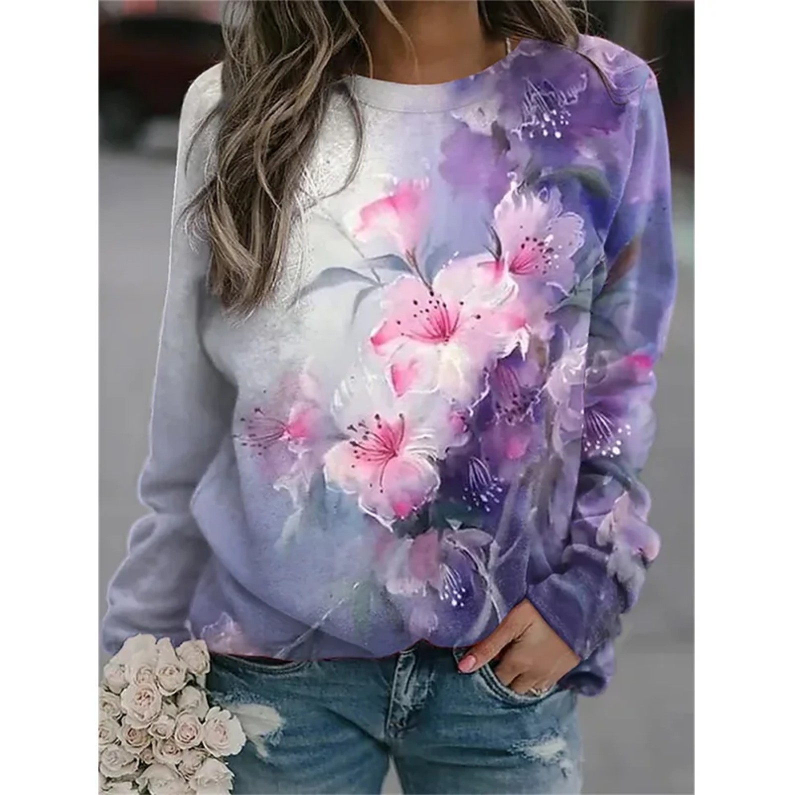 Women's Floral Print Crewneck Sweatshirt