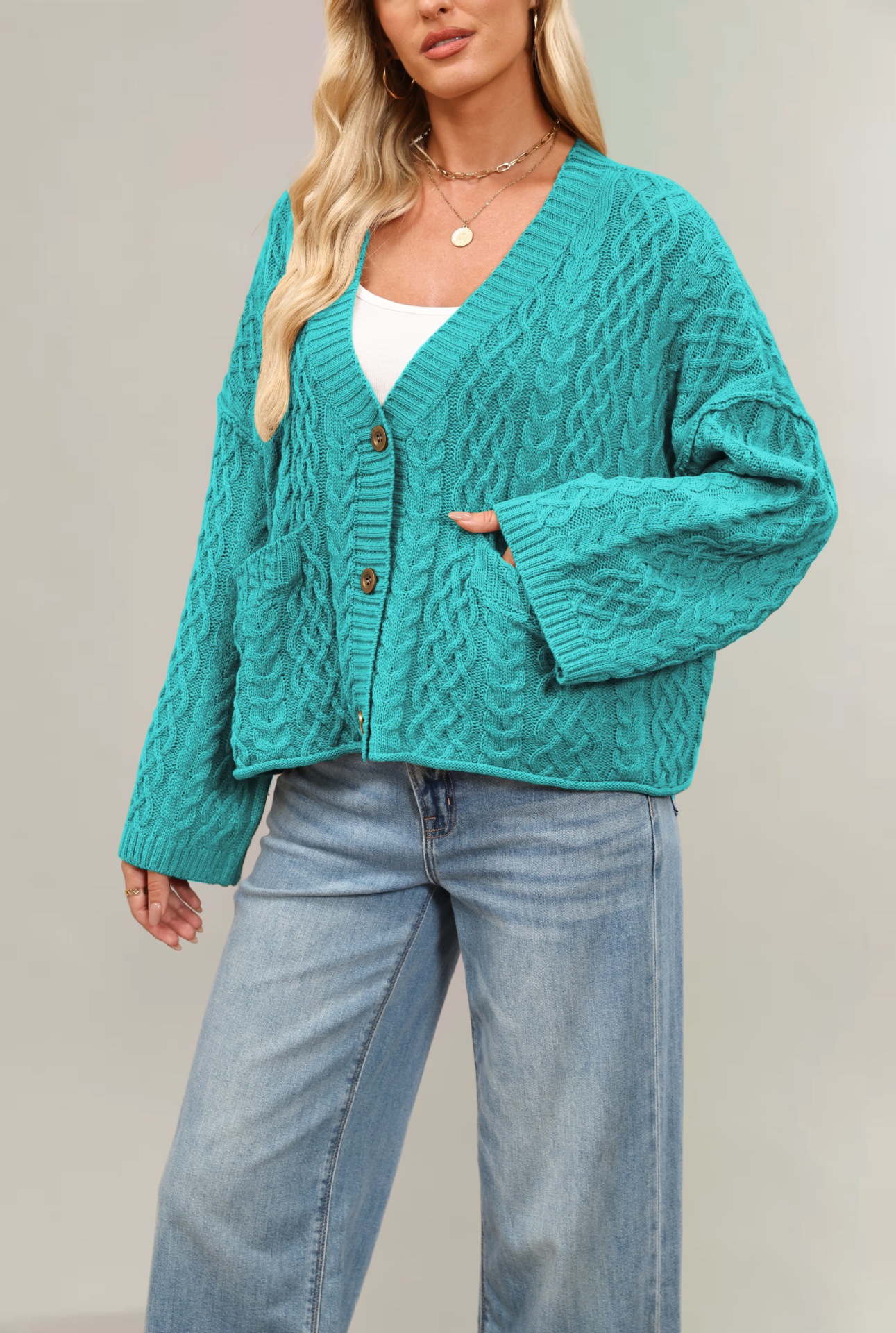 Cable-Knit Loose Solid Cardigan
