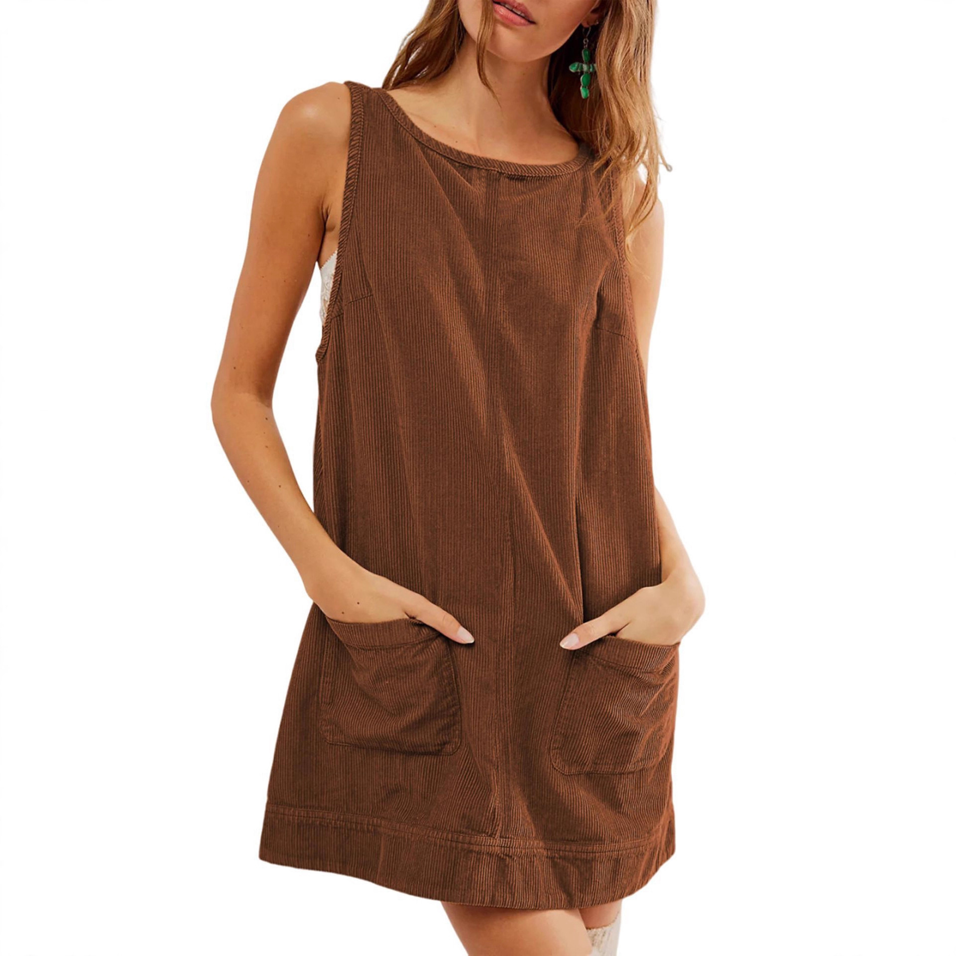 Corduroy Sleeveless Tank Dress with Pockets