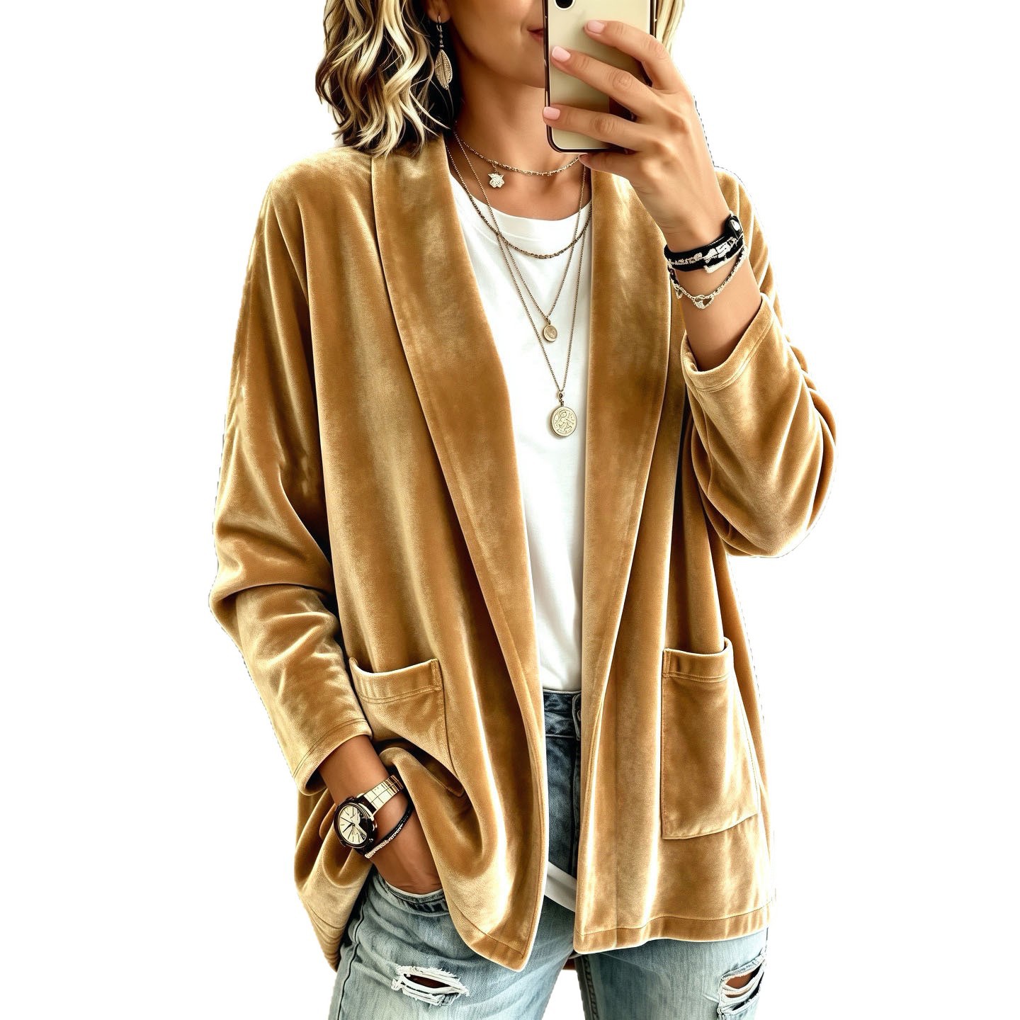 Women's Velvet Long Sleeve Open Front Cardigan Jacket