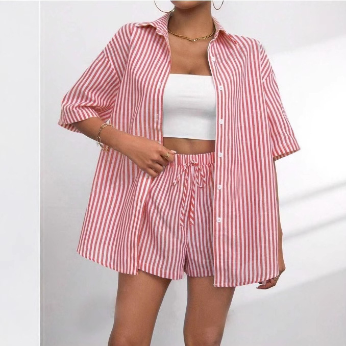 Women's Striped Short Sleeve Two-Piece Set with Collar