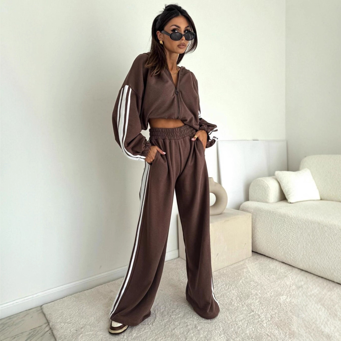 Women's Striped Hooded Cardigan Sweatshirt and Pants Two-Piece Set Long Sleeve