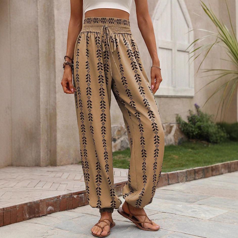Women's Grid Wide-Leg Lantern Pants High Waist Loose Fit