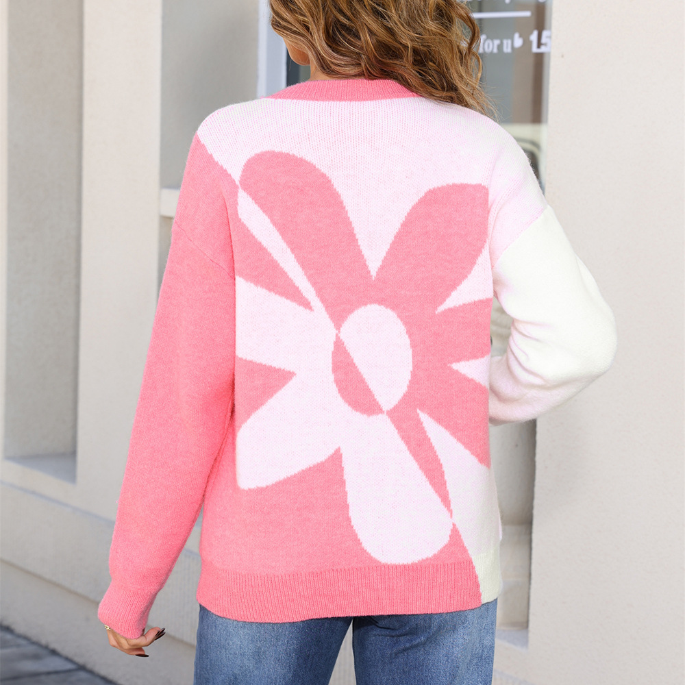 Plus Size Floral Colorblock Knit Pullover Sweater Long Sleeve Crew Neck