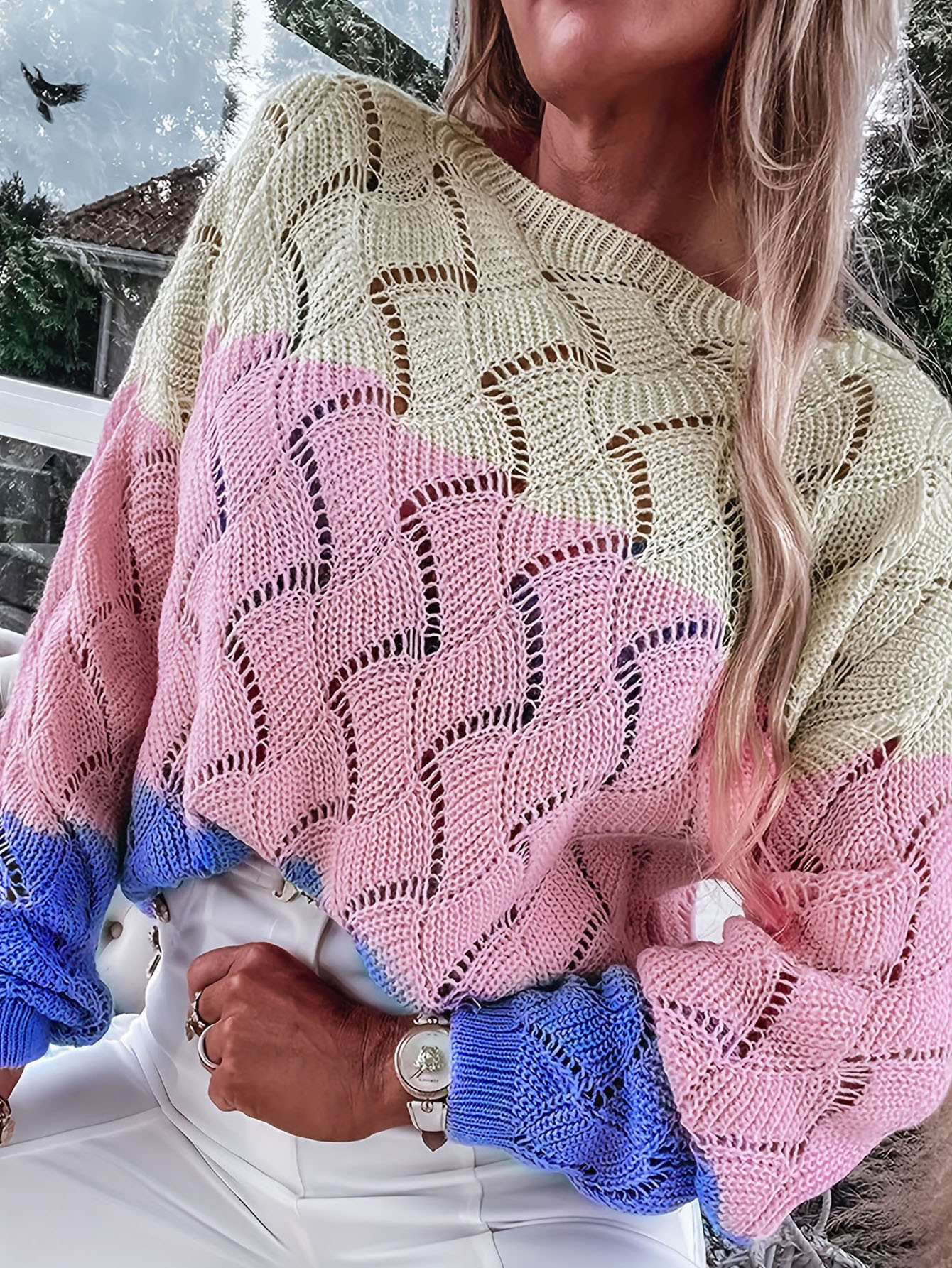 Women's Winter Crewneck Colorblock Open-Knit Pullover Sweater