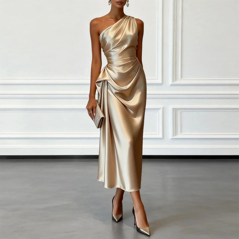 Women's Summer One-Shoulder Bodycon Dress Solid Color Waist-Defining French Style
