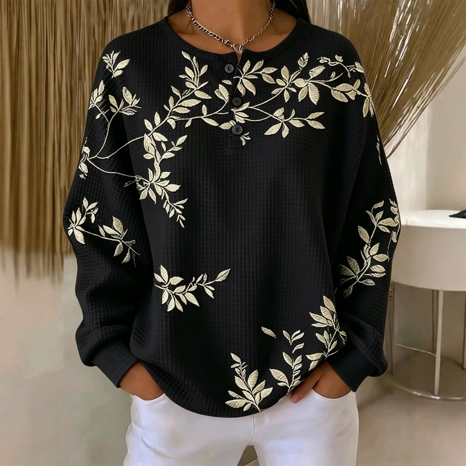 Women's Vintage Floral Print Button Sweatshirt