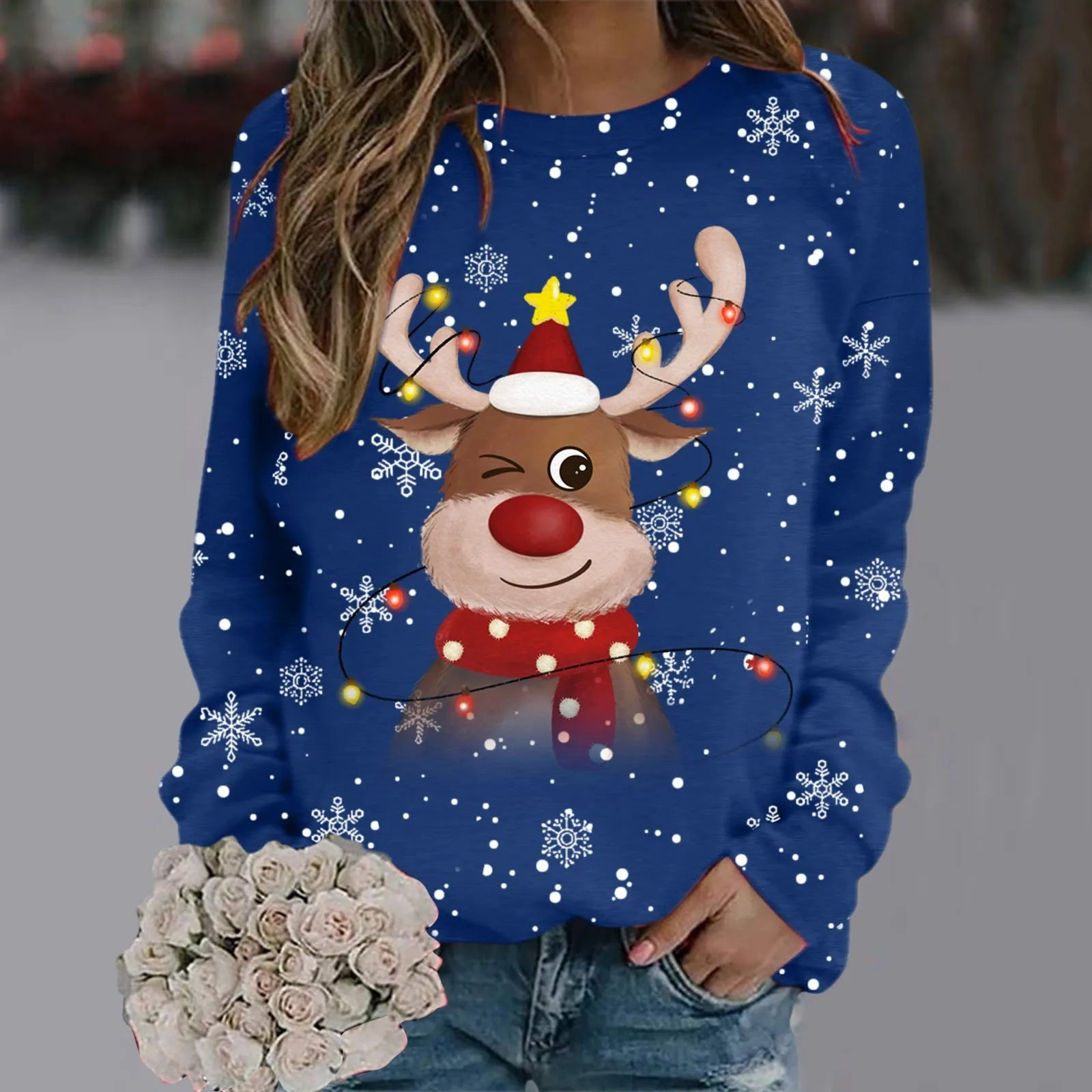 Women's Cartoon Christmas Reindeer Snowflake Print Crewneck Sweatshirt