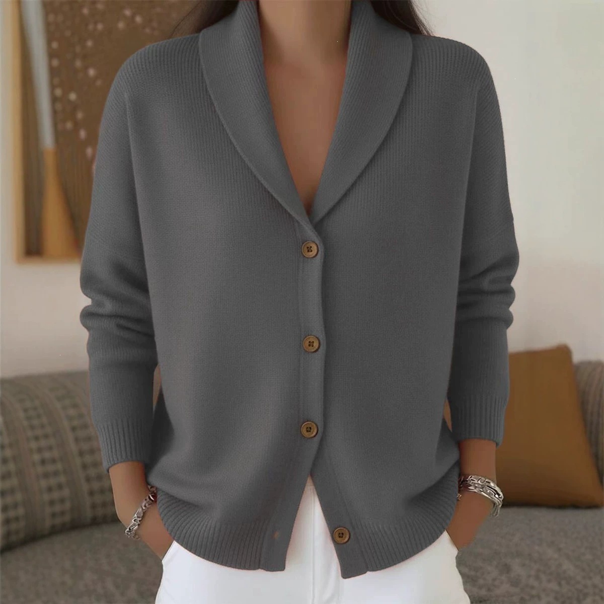 Women's Soft Knit Cardigan Loose Relaxed Fit Button-Up Solid Long Sleeve Sweater