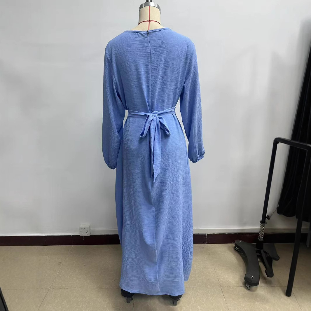 Women's Puff Sleeve Solid Color Long Dress with Tie Belt
