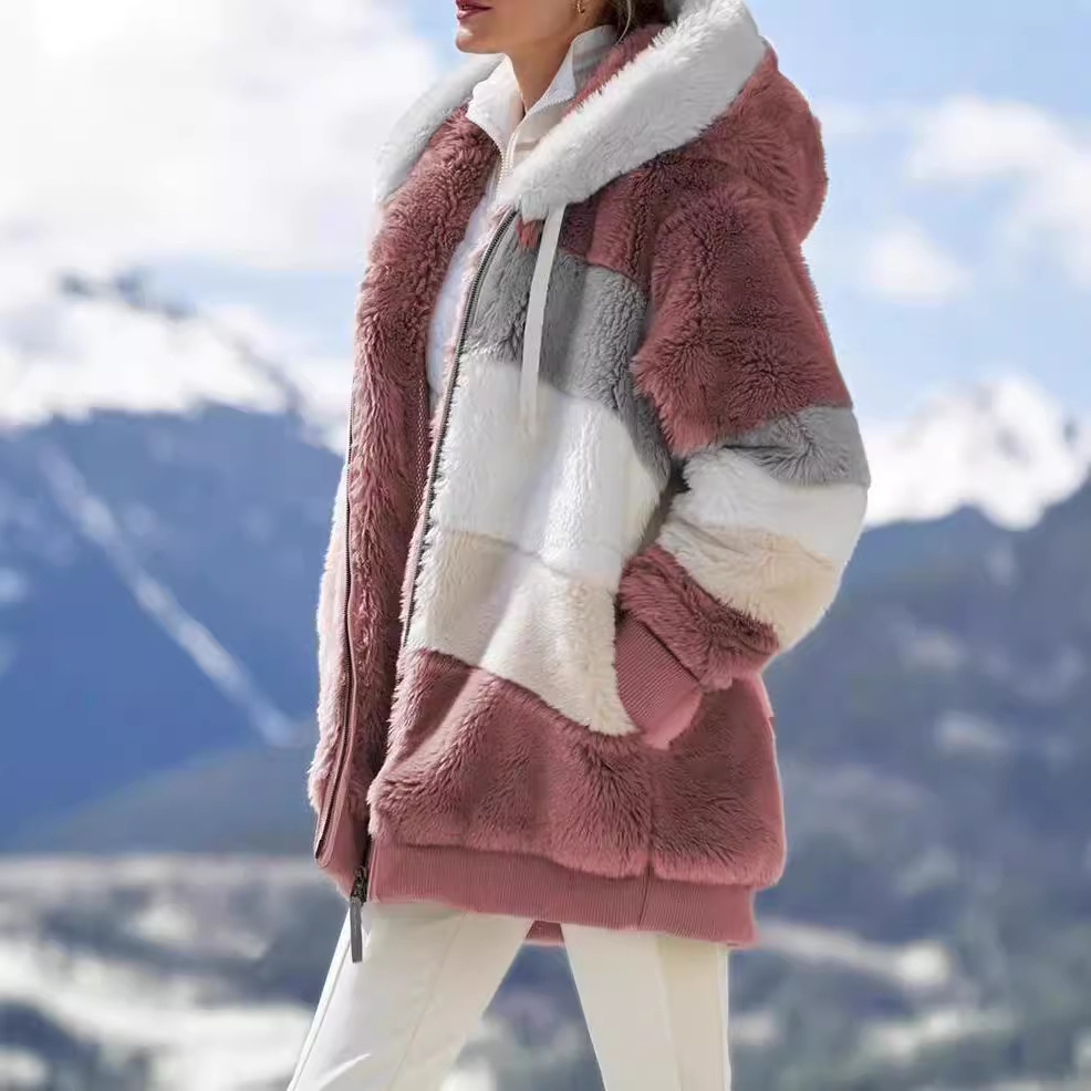 Oversized Fuzzy Fleece Colorblock Zip Hooded Coat