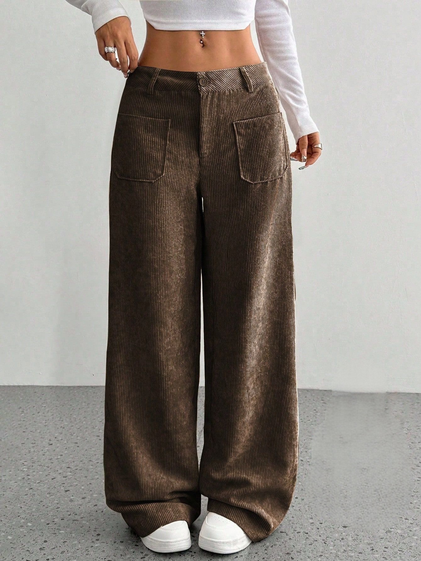 Corduroy Wide-Leg Pants for Women, Loose Fit, Front and Back Pockets, Solid Color