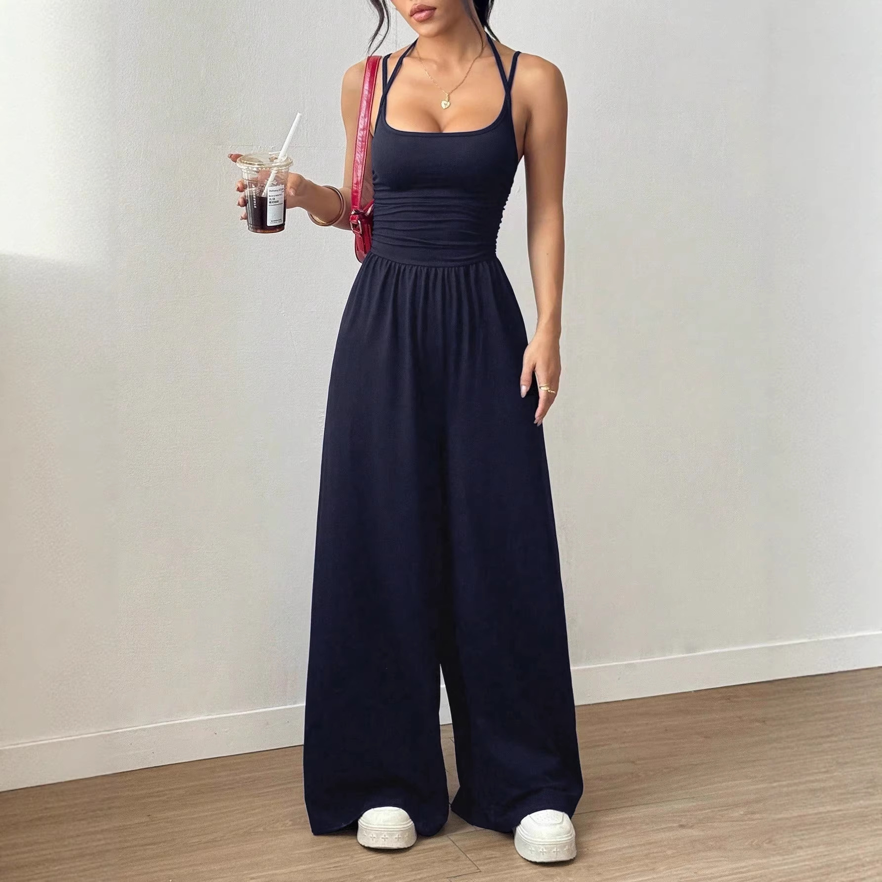 Solid Color Sleeveless Wide-Leg Jumpsuit with Cami Top