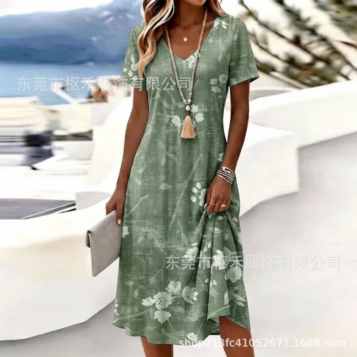 Women's Vintage Blue Print V-Neck Short Sleeve Midi Dress