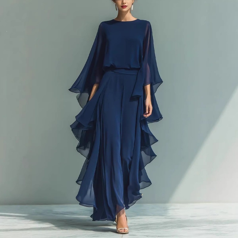Women's Navy Chiffon Top and Straight-Leg Pants Set with Ruffle Bell Sleeves