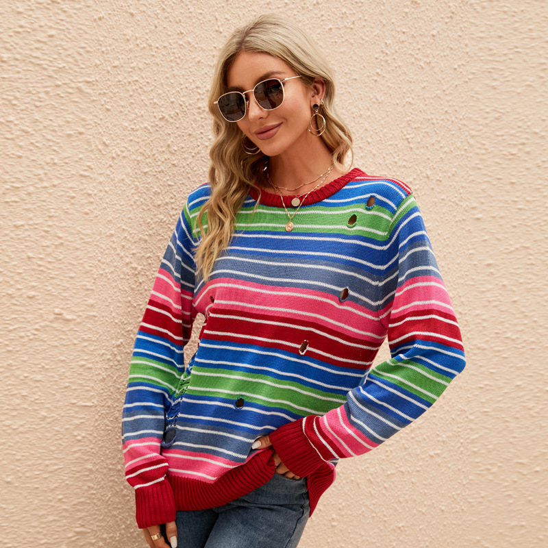 Colorful Striped Crewneck Knit Sweater with Ripped Contrast Details